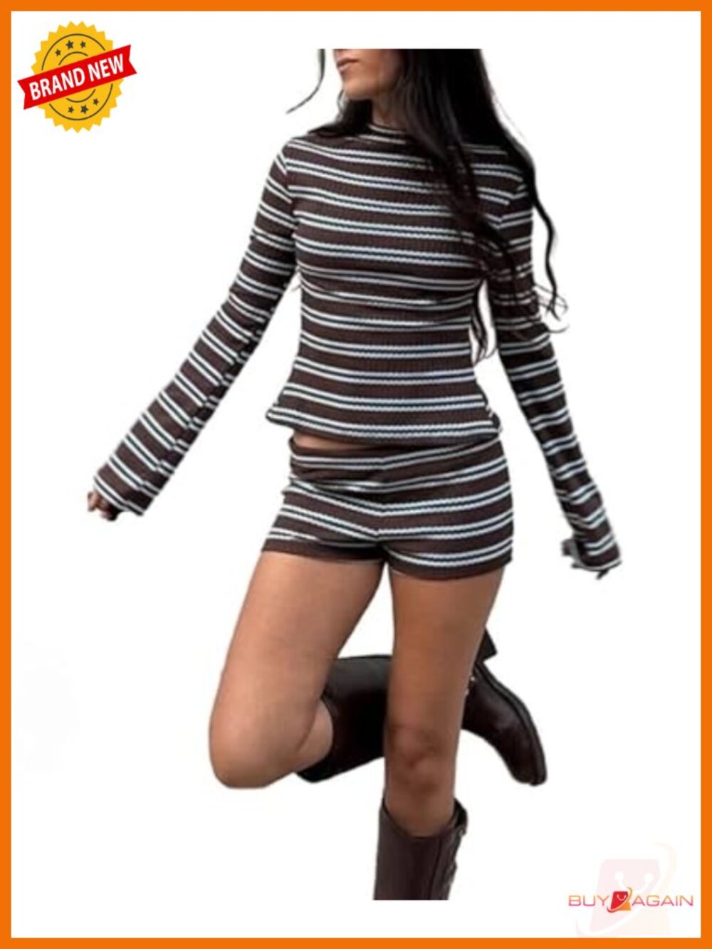 Women's Striped Long Sleeve Top & Shorts 2 Piece Lounge Set